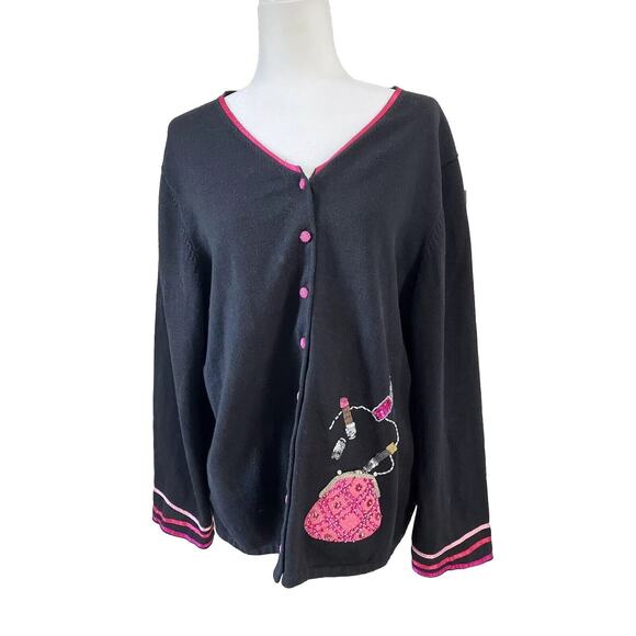 Michael Simon Womens Size 2XL Black Pink Cardigan Sweater Lipstick & Purse - Picture 1 of 15